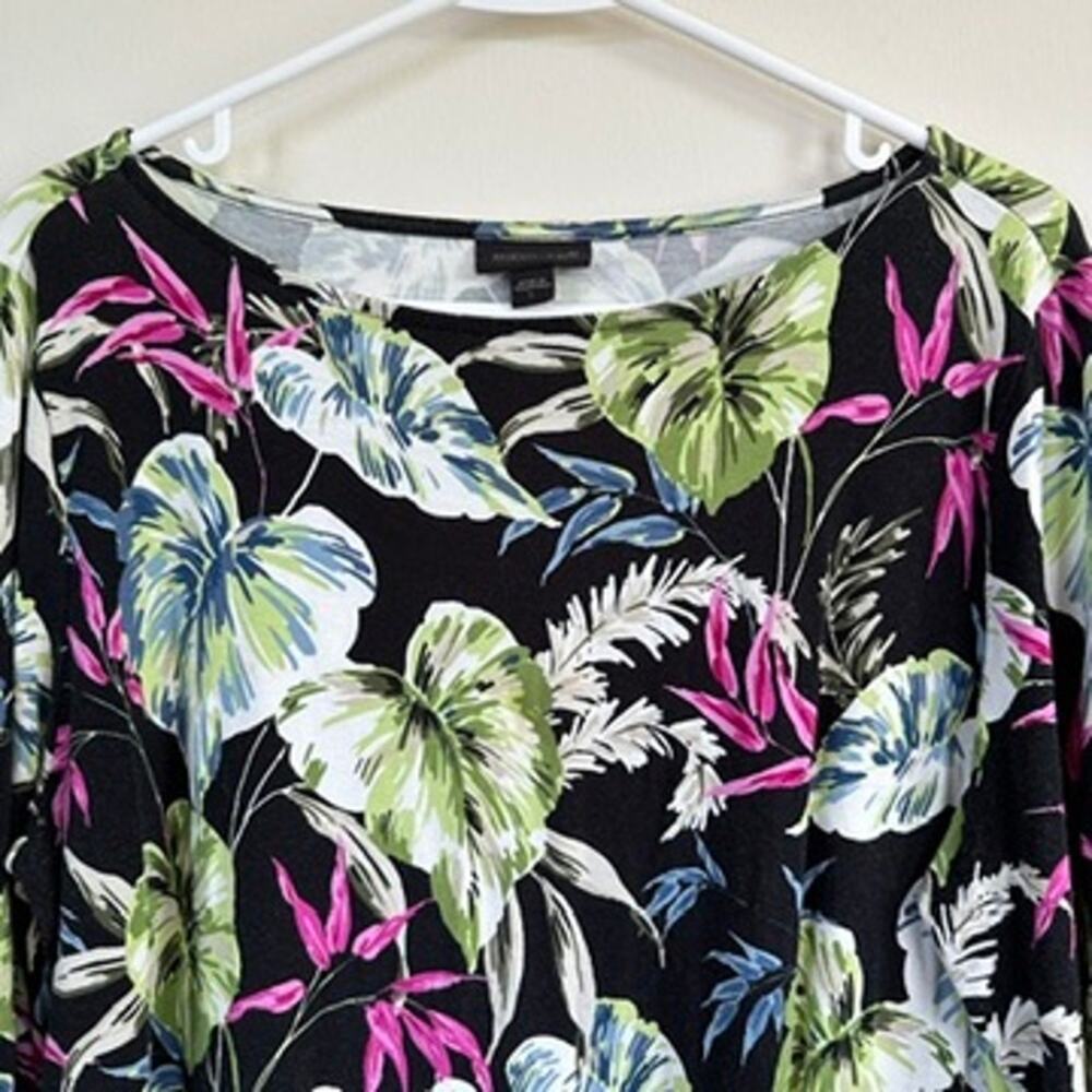 J. Jill Wearever Boat Neck Top 3/4 Sleeve Floral Tropical Leaf Print Black LARGE - Picture 2 of 10